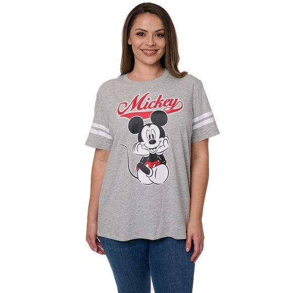 New Women's Plus Size Disney T-Shirt Mickey Mouse Striped Sleeve Varsity Gray - Picture 1 of 6